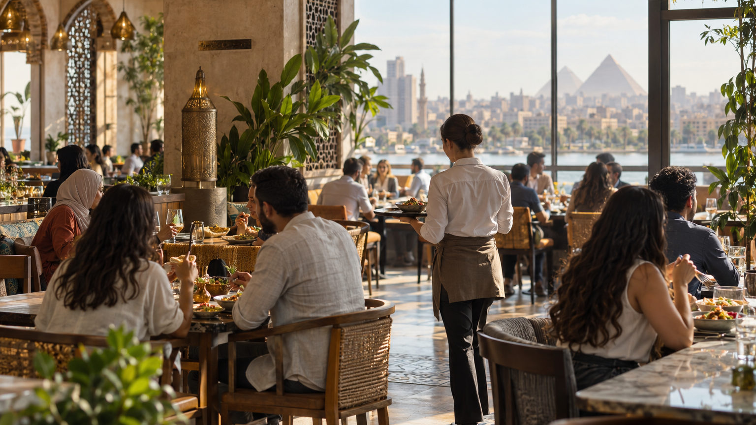 Busy, modern restaurant interior in Cairo with customers enjoying meals and seamless service.