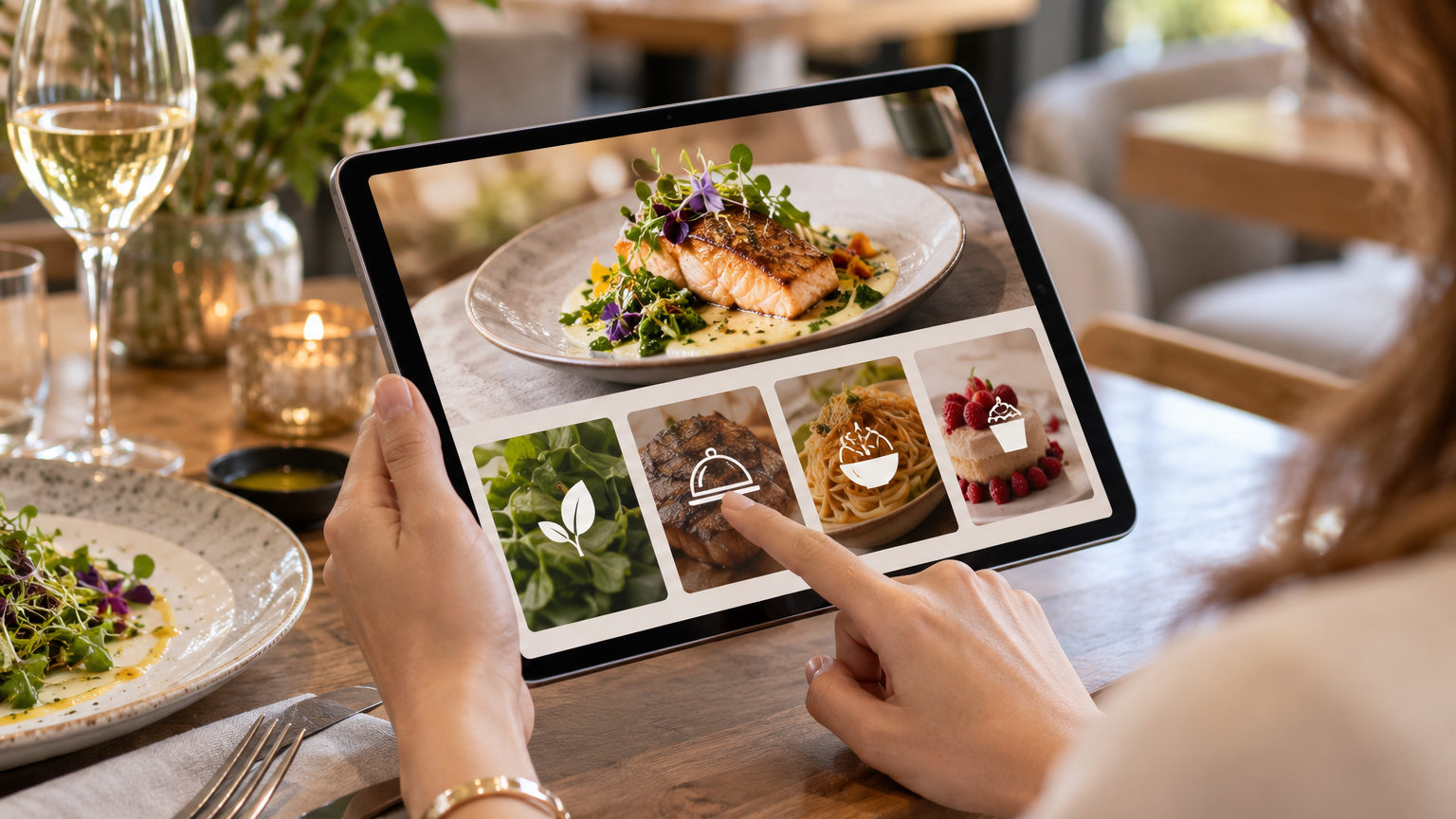 A tablet displaying a sleek, custom-branded restaurant mobile ordering app.