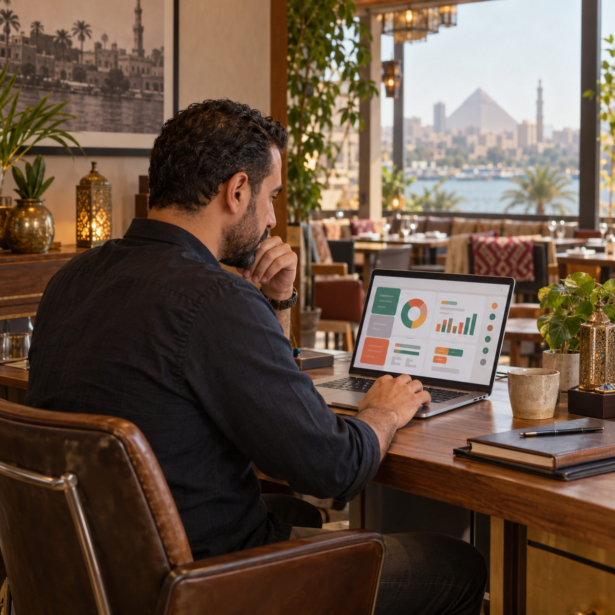 A restaurant owner or manager efficiently managing operations on a laptop with a clear management panel.