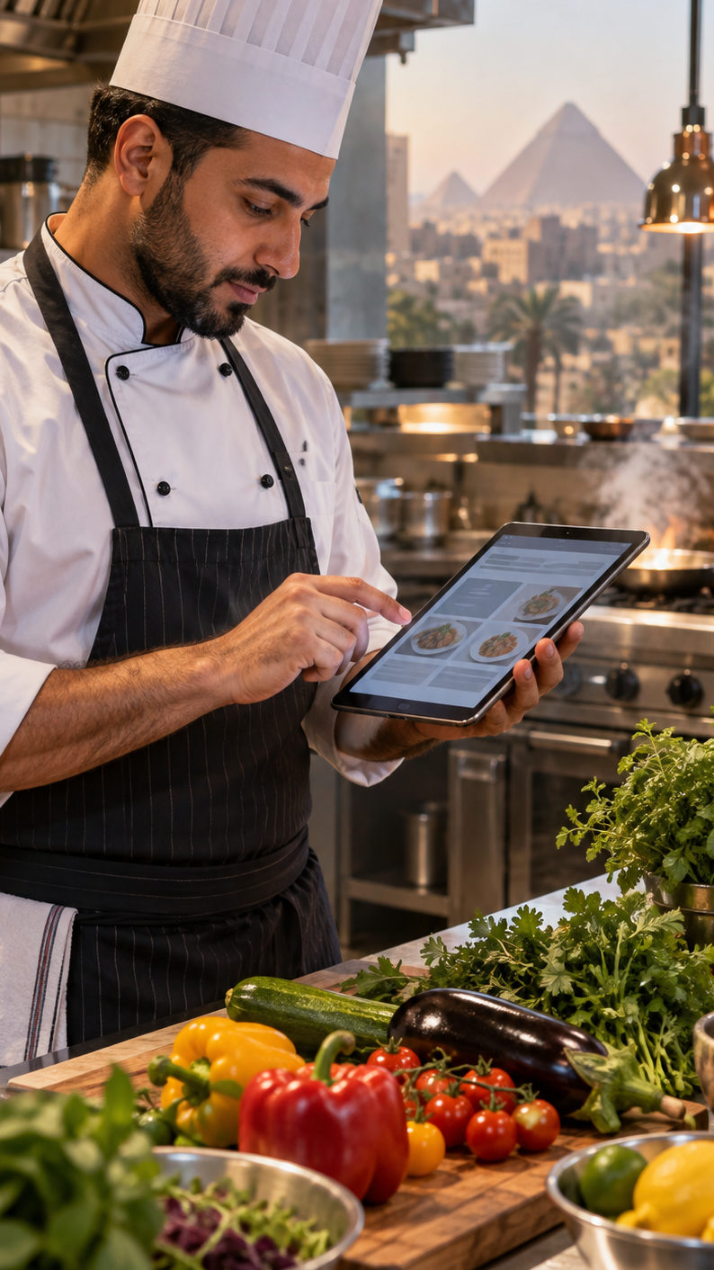 A chef or kitchen staff member updating a digital menu on a tablet with fresh ingredients nearby.